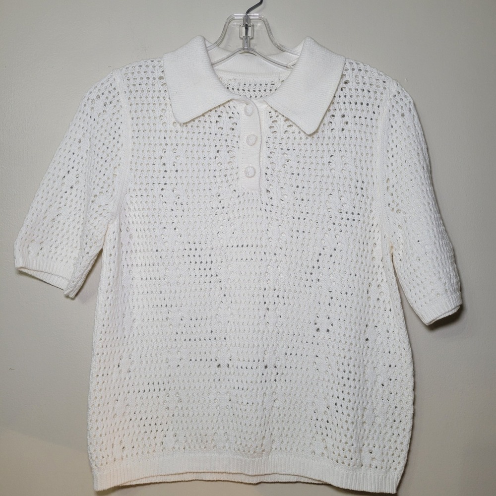 Vintage Style White Open Knit Polo Sweater Short Sleeve Pointelle Top